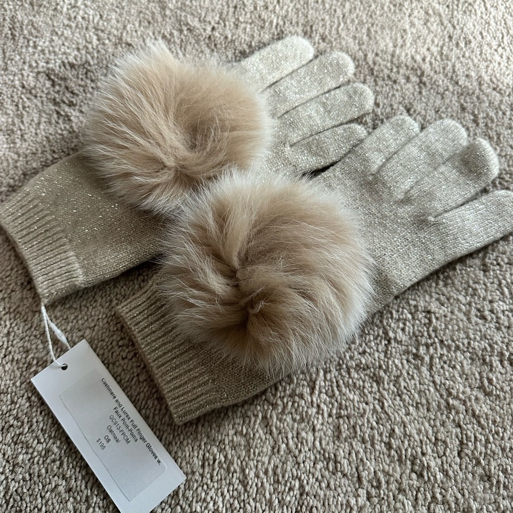 Carolyn Rowan Cashmere and Lurex Finger Gloves w. Faux Pom-Poms - Oatmeal